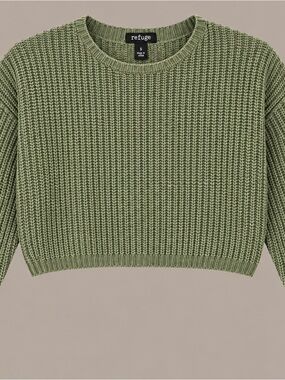 refuge Olive Green Cropped Crewneck Waffle Knit Sweater